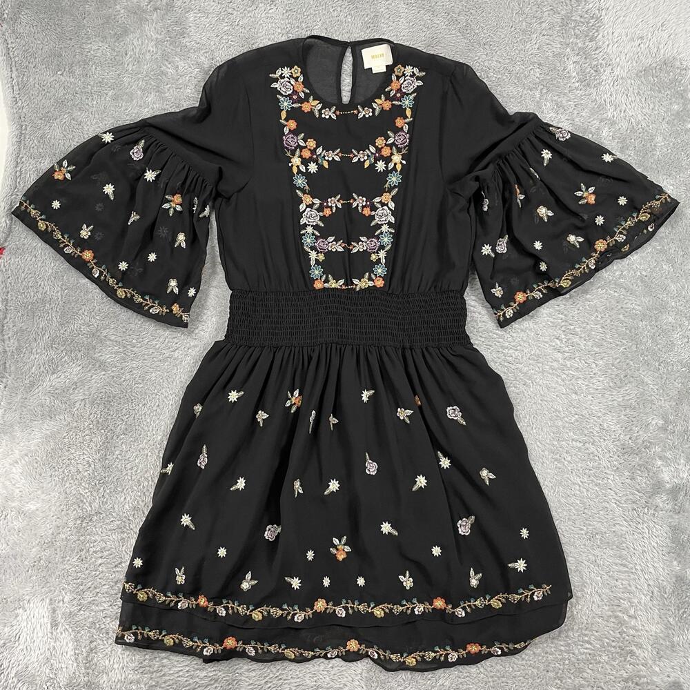 Maeve Fit & Flare Dress Womens 10 Black Floral Embroidered Boho Chiffon Mini